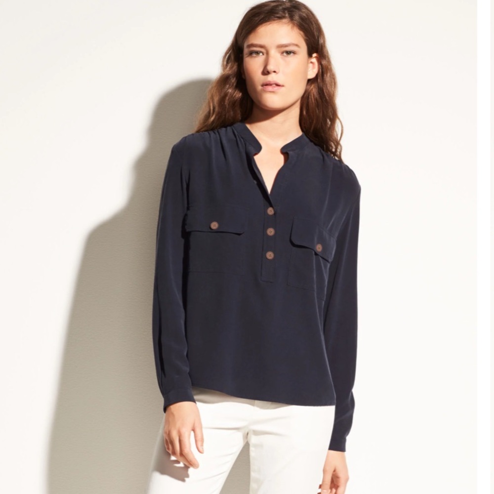 NWT Vince Navy Blue Washed-Silk Utility Blouse Size XS - Picture 3 of 15